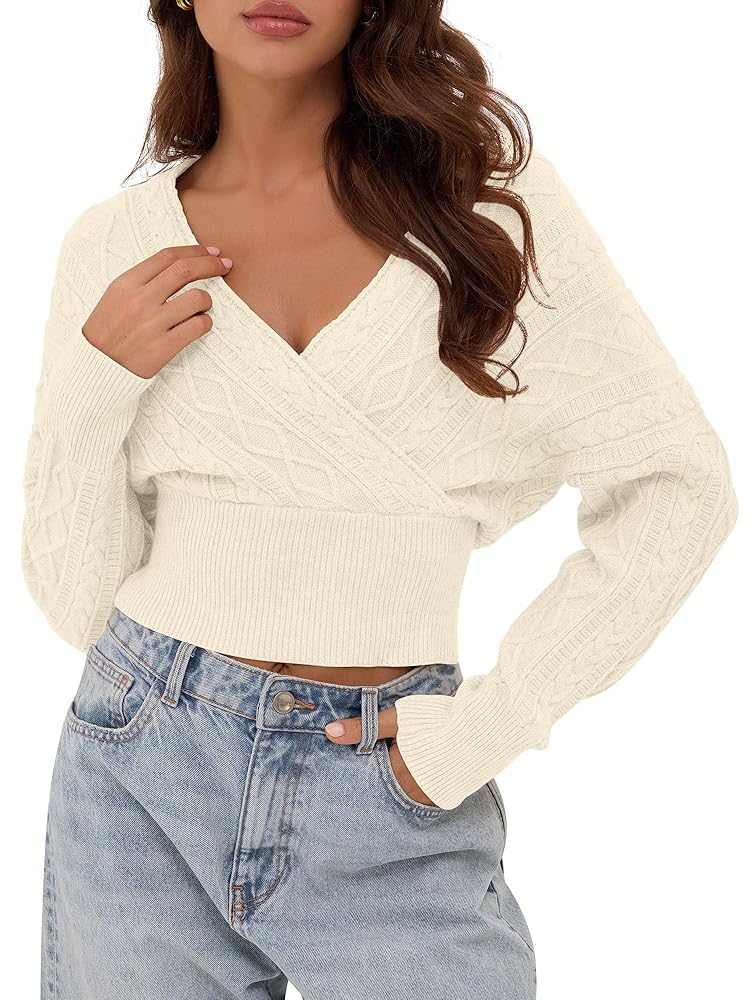 ZAFUL Women's V Neck Cable Knit Sweater Long Sleeve Ribbed